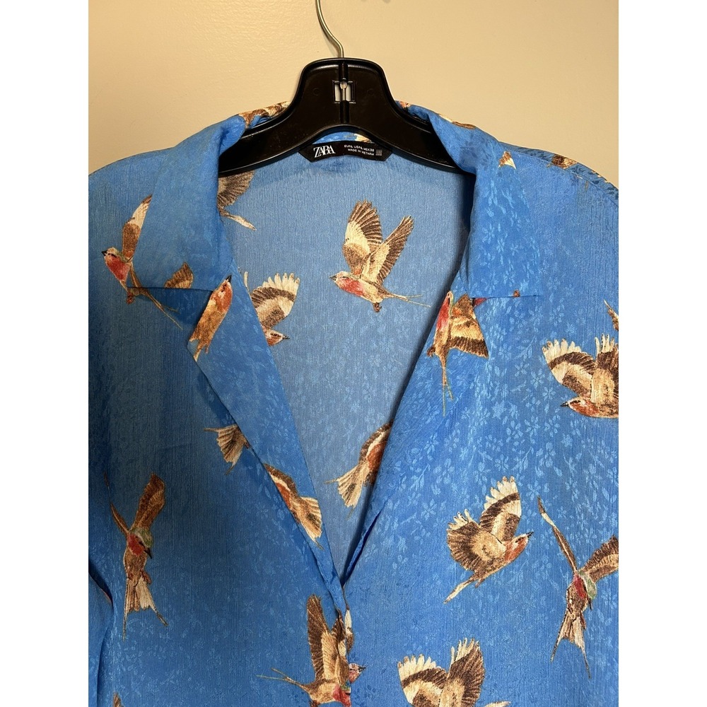 Zara Women's size L flowy bird print long shirt or swim Coverup satin material - Picture 8 of 14
